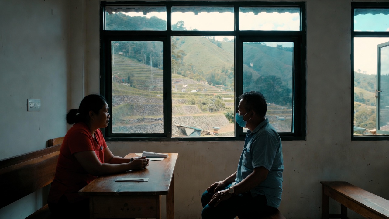 A clinician meets with a patient beside a window open onto the Ifugao rice terraces.